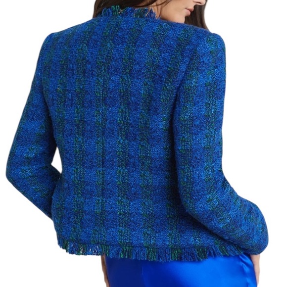 L'AGENCE Angelina Tweed Fringe open style Blazer in Cobalt Blue, Crested Buttons - Picture 3 of 6